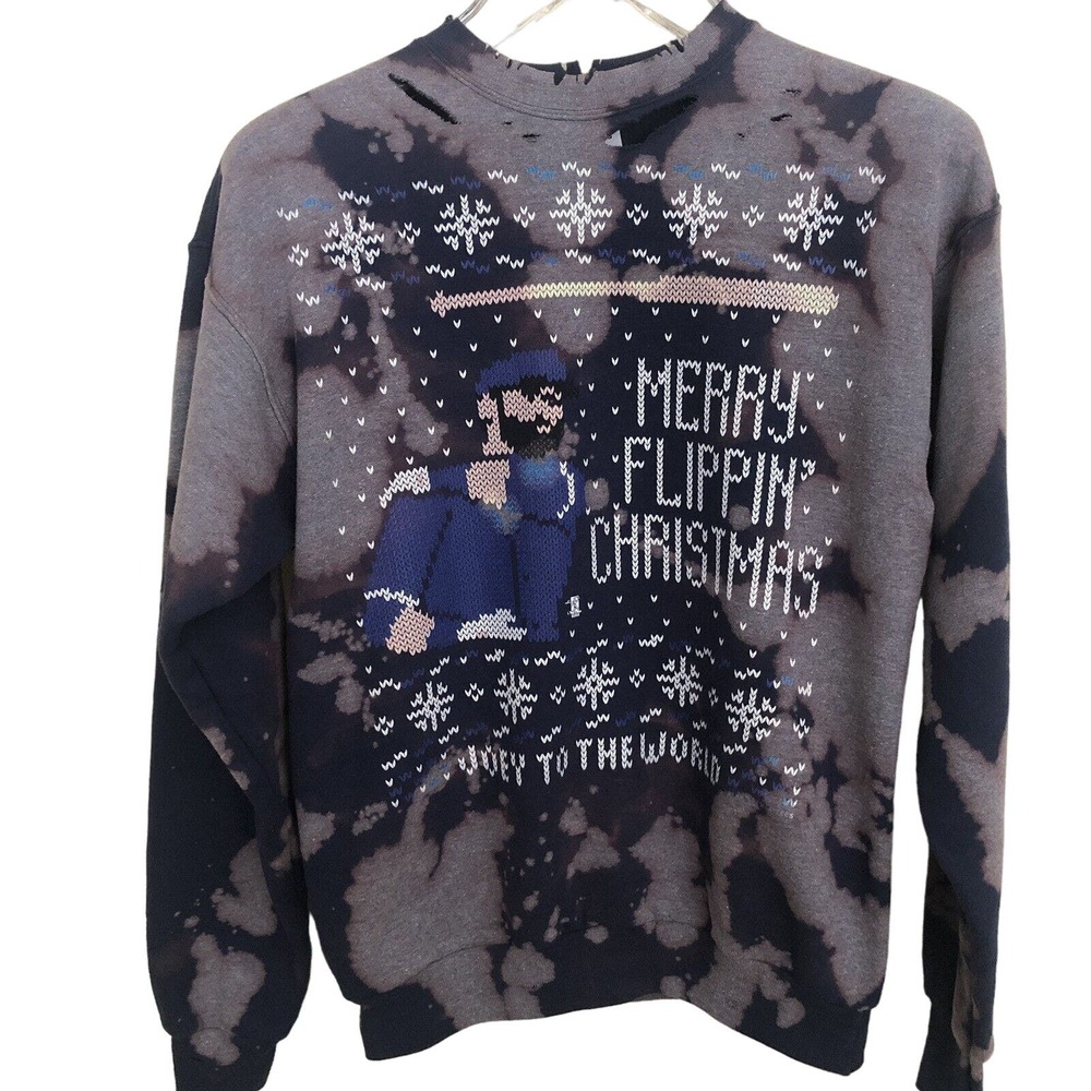 🌵 Ugly Christmas Sweatshirt Unisex Jose Bautista Upcycled Bleached - Size Small